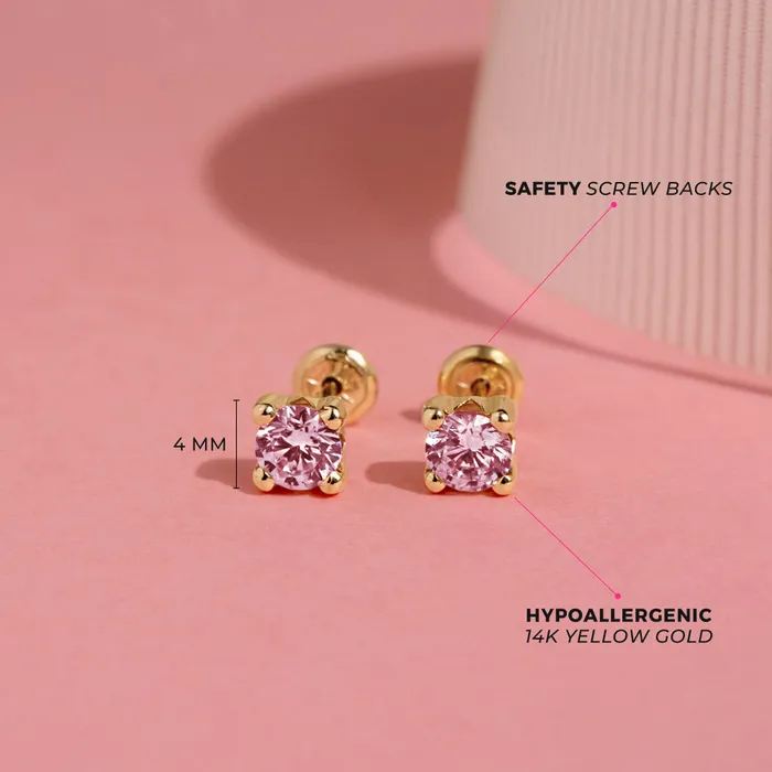 14k Gold 4 Prong CZ Solitaire 23mm Baby Toddler Kids Earrings Safety Screw Back Baby Screw Back Earrings Earrings
