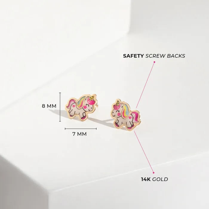 14k Gold Simply Unicorn Baby Toddler Kids Earrings Safety Screw Back Enamel Kids Screw Back Earrings Earrings