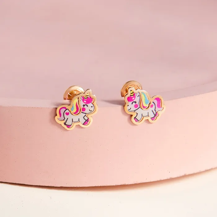 14k Gold Simply Unicorn Baby Toddler Kids Earrings Safety Screw Back Enamel Kids Screw Back Earrings Earrings