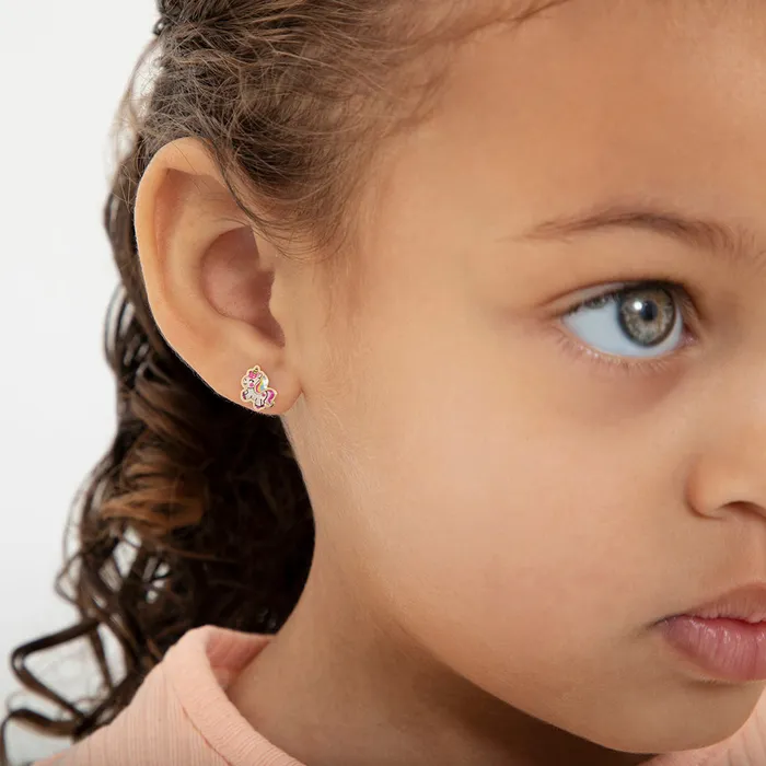 14k Gold Simply Unicorn Baby Toddler Kids Earrings Safety Screw Back Enamel Kids Screw Back Earrings Earrings