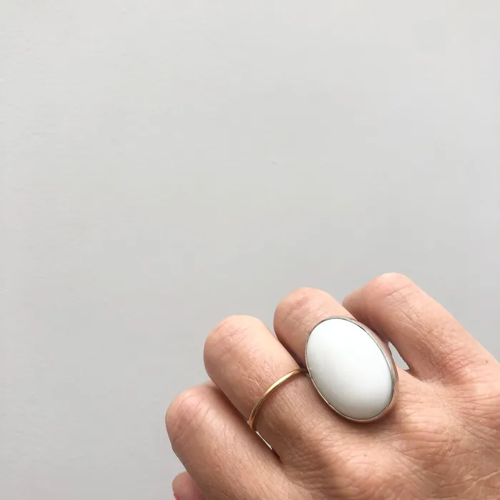 aliceeden Rings White Onyx Gemstone Ring Set in Sterling Silver with Adjustable band CALM