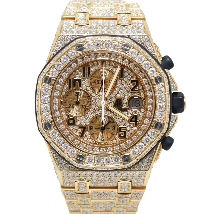 Audemars Piguet Royal Oak Offshore Yellow Gold 42mm Completely Iced Out Pave Chronograph Dial Watch Reference 25721BAOO1000BA03 Happy Jewelers Watches Audemars Piguet Royal Oak Offshore Yellow Gold 42mm Completely Iced Out Pave Chronograph Dial Watch Reference 25721BAOO1000BA03 Happy Jewelers Watches