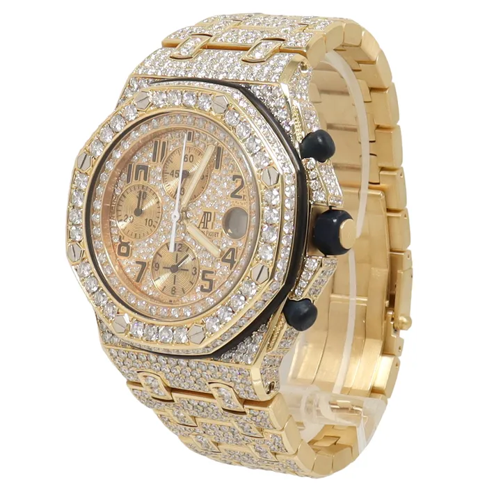 Audemars Piguet Royal Oak Offshore Yellow Gold 42mm Completely Iced Out Pave Chronograph Dial Watch Reference 25721BAOO1000BA03 Happy Jewelers Watches