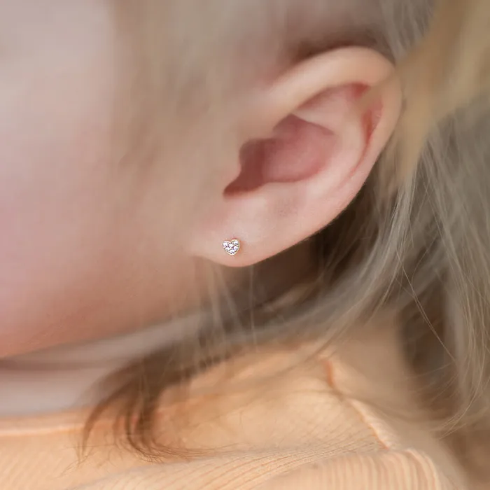 Baby Screw Back Earrings 14k Gold Tiny Pave CZ Heart 3mm Baby Toddler Kids Earrings Safety Screw Back Earrings