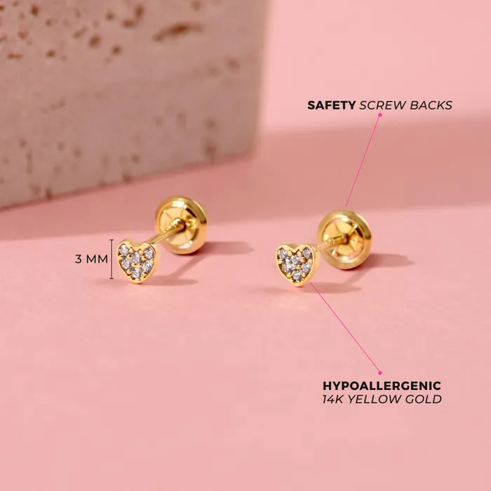 Baby Screw Back Earrings 14k Gold Tiny Pave CZ Heart 3mm Baby Toddler Kids Earrings Safety Screw Back Earrings