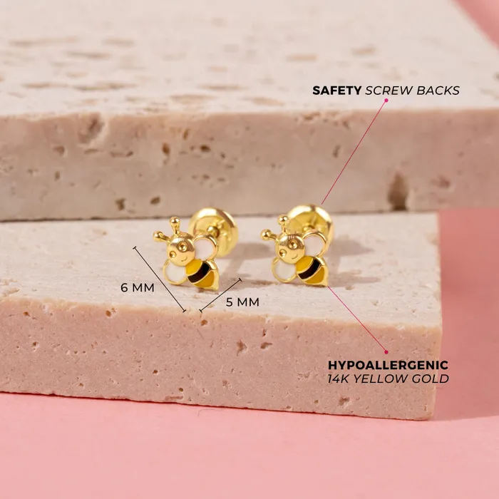 Baby Screw Back Earrings Earrings 14k Gold Honey Bee Baby Toddler Kids Earrings Safety Screw Back Enamel