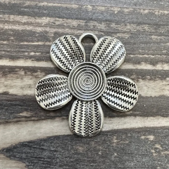 BCB242 Antique Silver Flower Pendant With Swirly Center 35mm Pkg 1 Premium Pewter Necklaces BCB242 Antique Silver Flower Pendant With Swirly Center 35mm Pkg 1 Premium Pewter Necklaces