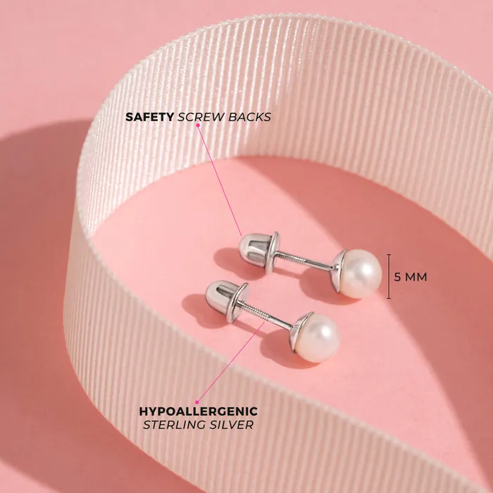 Classic Simulated Pearl White 35mm Kids Earrings Screw Back Sterling Silver Baby Screw Back Earrings Earrings