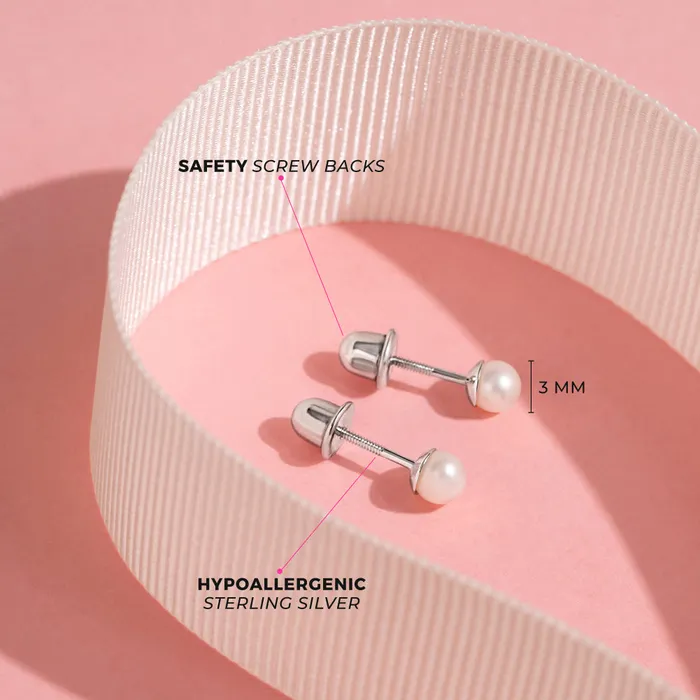 Classic Simulated Pearl White 35mm Kids Earrings Screw Back Sterling Silver Baby Screw Back Earrings Earrings