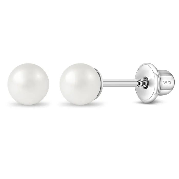 Classic Simulated Pearl White 35mm Kids Earrings Screw Back Sterling Silver Baby Screw Back Earrings Earrings
