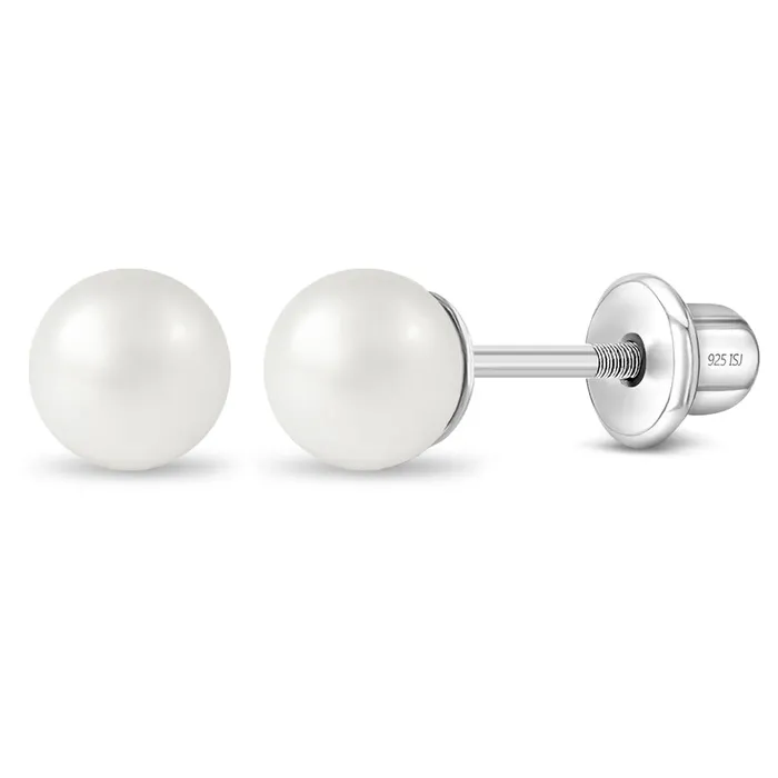 Classic Simulated Pearl White 35mm Kids Earrings Screw Back Sterling Silver Baby Screw Back Earrings Earrings