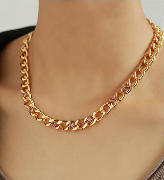 Classic Thick Chain Necklace with Rectangular Crystals Refined by AnnaKaci Necklaces