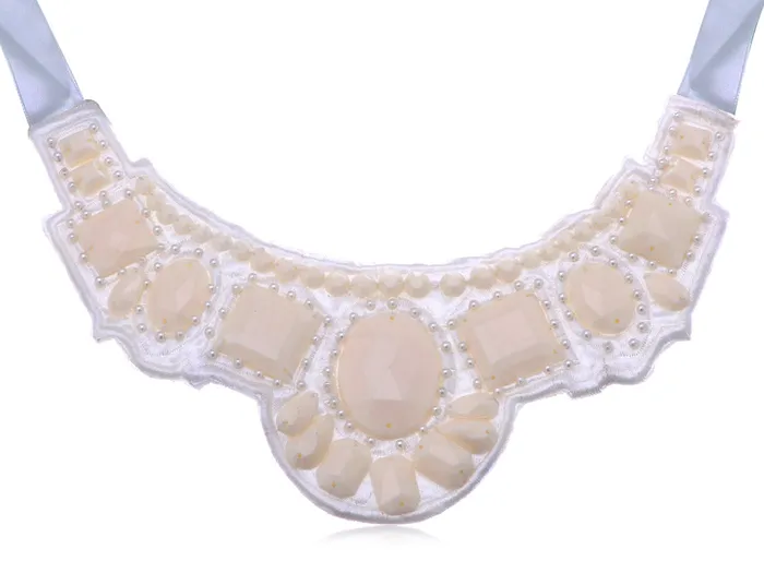 Creamy Cloth Faceted Beaded Bridal Wedding Bib Ribbon Opal Wide White Necklace Alilang Necklaces Creamy Cloth Faceted Beaded Bridal Wedding Bib Ribbon Opal Wide White Necklace Alilang Necklaces