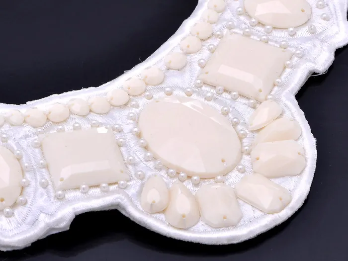 Creamy Cloth Faceted Beaded Bridal Wedding Bib Ribbon Opal Wide White Necklace Alilang Necklaces Creamy Cloth Faceted Beaded Bridal Wedding Bib Ribbon Opal Wide White Necklace Alilang Necklaces