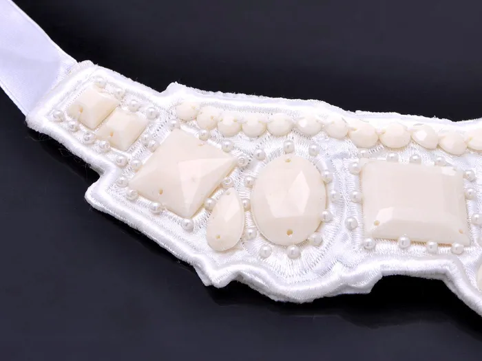Creamy Cloth Faceted Beaded Bridal Wedding Bib Ribbon Opal Wide White Necklace Alilang Necklaces Creamy Cloth Faceted Beaded Bridal Wedding Bib Ribbon Opal Wide White Necklace Alilang Necklaces