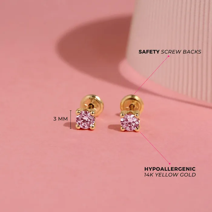 Earrings Baby Screw Back Earrings 14k Gold 4 Prong CZ Solitaire 23mm Baby Toddler Kids Earrings Safety Screw Back