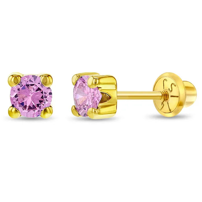 Earrings Baby Screw Back Earrings 14k Gold 4 Prong CZ Solitaire 23mm Baby Toddler Kids Earrings Safety Screw Back