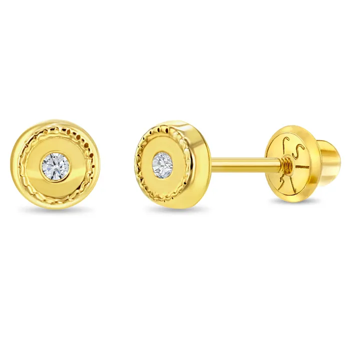 Earrings Baby Screw Back Earrings 14k Gold Round Bezel Set Clear CZ Baby Toddler Kids Earrings Safety Screw Back Earrings Baby Screw Back Earrings 14k Gold Round Bezel Set Clear CZ Baby Toddler Kids Earrings Safety Screw Back