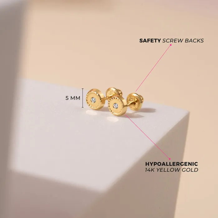 Earrings Baby Screw Back Earrings 14k Gold Round Bezel Set Clear CZ Baby Toddler Kids Earrings Safety Screw Back