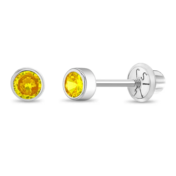 Earrings Baby Screw Back Earrings 14k White Gold Bezel Set Cubic Zirconia 3mm Baby Toddler Kids Earrings Safety Screw Back