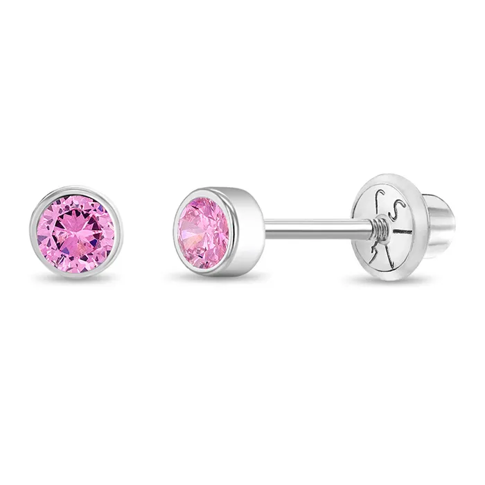 Earrings Baby Screw Back Earrings 14k White Gold Bezel Set Cubic Zirconia 3mm Baby Toddler Kids Earrings Safety Screw Back