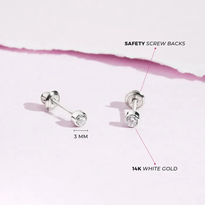 Earrings Baby Screw Back Earrings 14k White Gold Bezel Set Cubic Zirconia 3mm Baby Toddler Kids Earrings Safety Screw Back