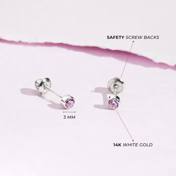 Earrings Baby Screw Back Earrings 14k White Gold Bezel Set Cubic Zirconia 3mm Baby Toddler Kids Earrings Safety Screw Back