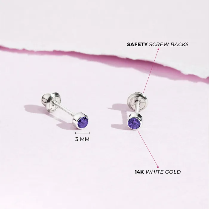 Earrings Baby Screw Back Earrings 14k White Gold Bezel Set Cubic Zirconia 3mm Baby Toddler Kids Earrings Safety Screw Back