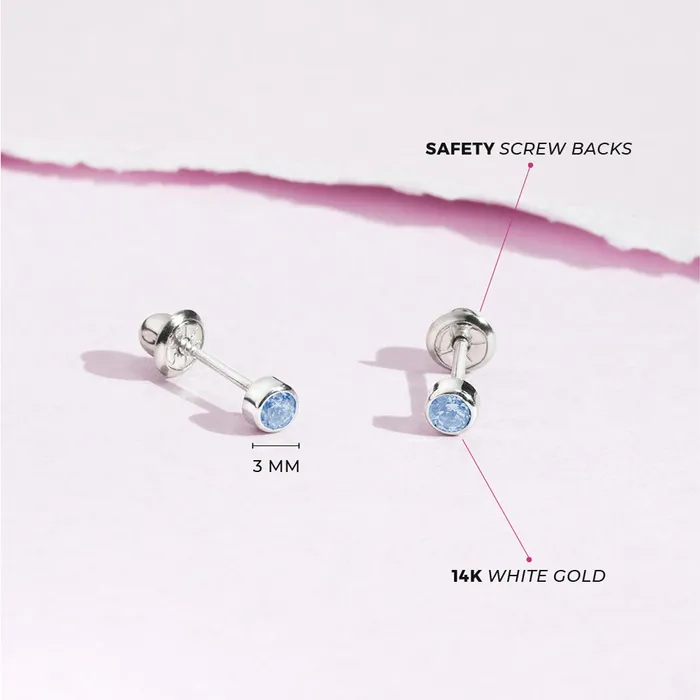 Earrings Baby Screw Back Earrings 14k White Gold Bezel Set Cubic Zirconia 3mm Baby Toddler Kids Earrings Safety Screw Back