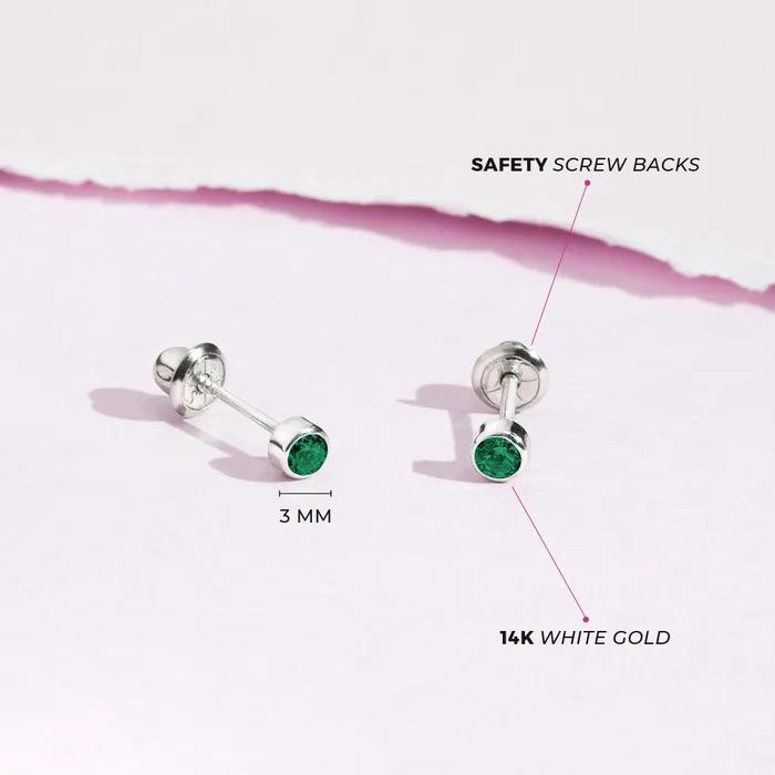Earrings Baby Screw Back Earrings 14k White Gold Bezel Set Cubic Zirconia 3mm Baby Toddler Kids Earrings Safety Screw Back