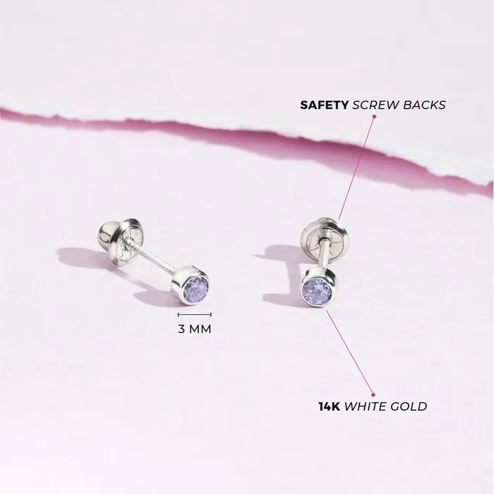 Earrings Baby Screw Back Earrings 14k White Gold Bezel Set Cubic Zirconia 3mm Baby Toddler Kids Earrings Safety Screw Back