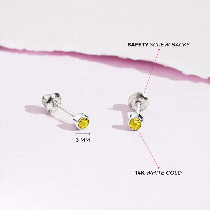 Earrings Baby Screw Back Earrings 14k White Gold Bezel Set Cubic Zirconia 3mm Baby Toddler Kids Earrings Safety Screw Back
