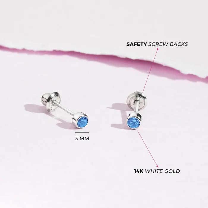 Earrings Baby Screw Back Earrings 14k White Gold Bezel Set Cubic Zirconia 3mm Baby Toddler Kids Earrings Safety Screw Back