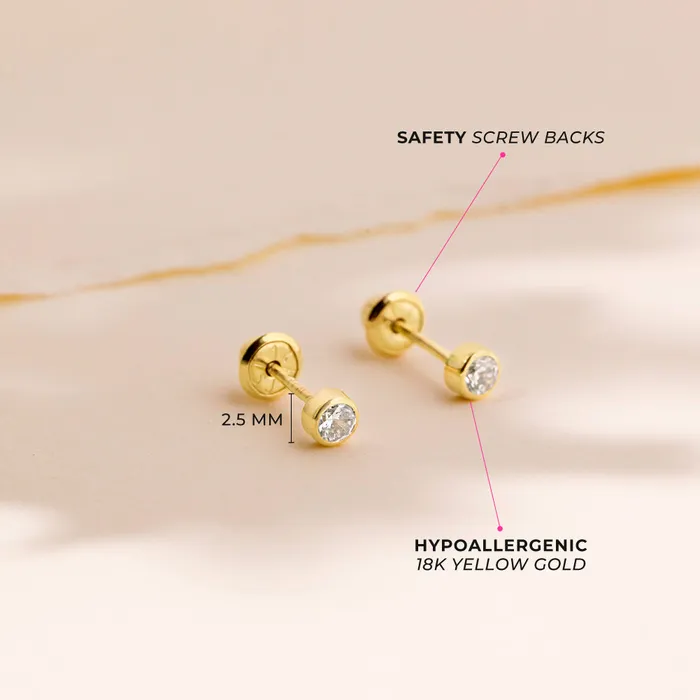 Earrings Baby Screw Back Earrings 18k Gold Bezel Set Diamond Baby Toddler Kids Earrings Safety Screw Back