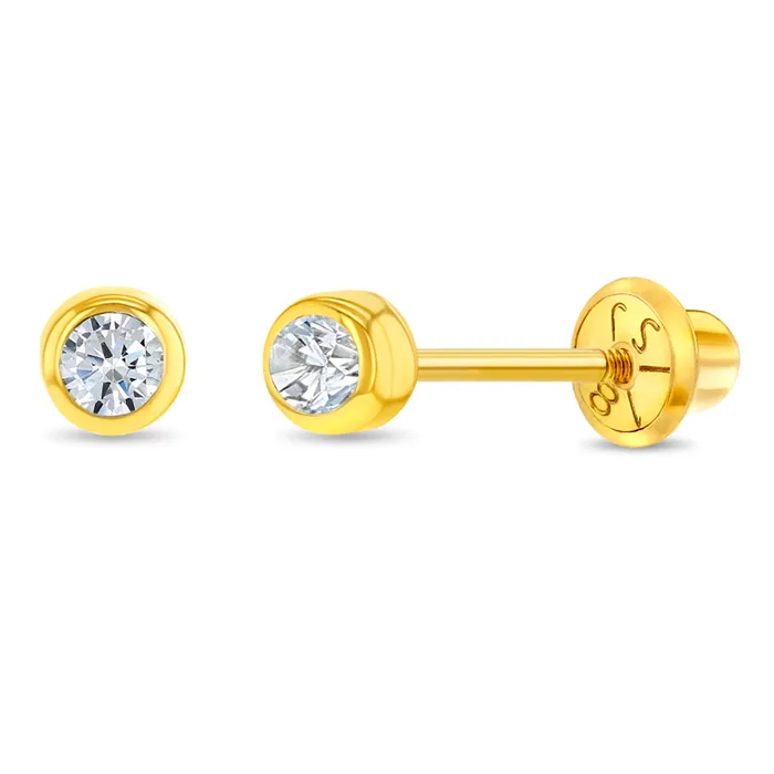 Earrings Baby Screw Back Earrings 18k Gold Bezel Set Diamond Baby Toddler Kids Earrings Safety Screw Back