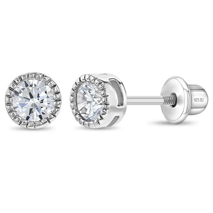 Earrings Baby Screw Back Earrings Trim Bezel Round CZ 5mm Baby Toddler Kids Earrings Screw Back Sterling Silver