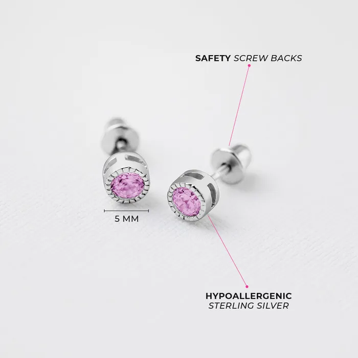 Earrings Baby Screw Back Earrings Trim Bezel Round CZ 5mm Baby Toddler Kids Earrings Screw Back Sterling Silver
