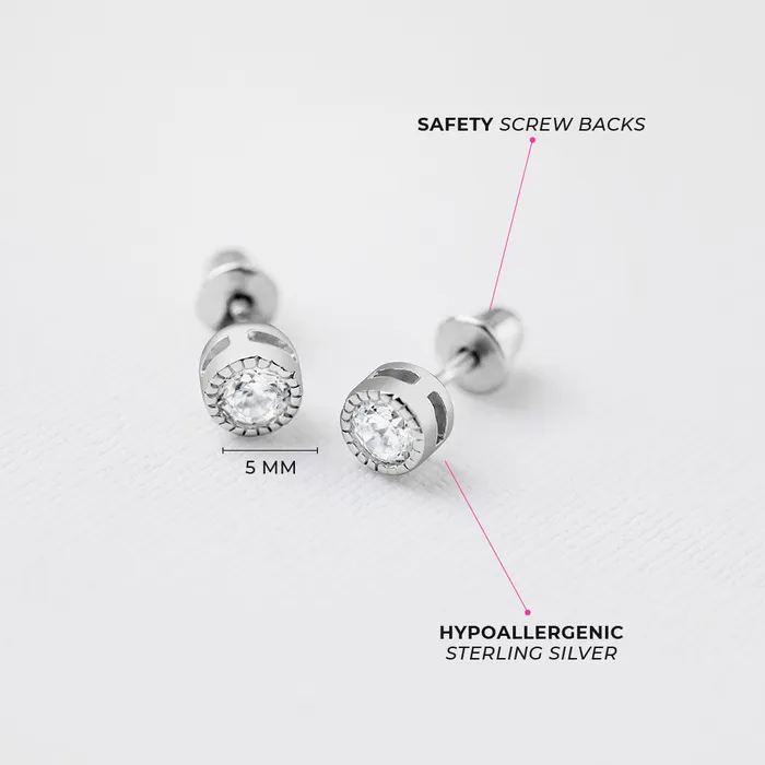 Earrings Baby Screw Back Earrings Trim Bezel Round CZ 5mm Baby Toddler Kids Earrings Screw Back Sterling Silver