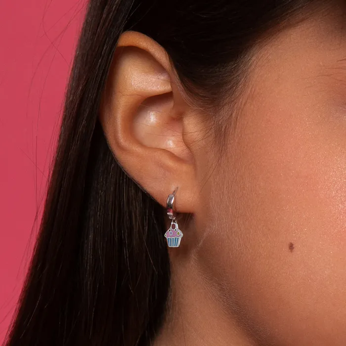 Earrings Kids Hoop Earrings Cupcake Dangle 9mm Kids Childrens Girls Earrings HoopHuggie Enamel Sterling Silver