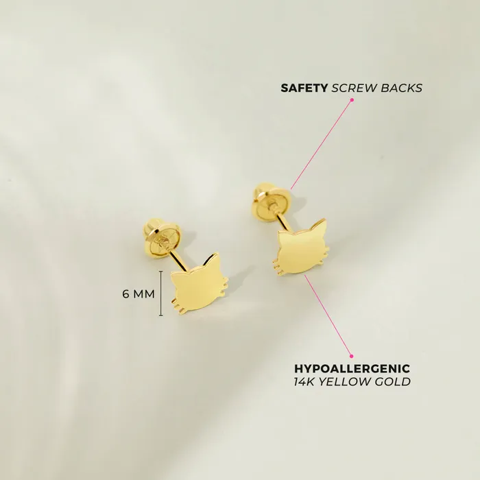 Earrings Kids Screw Back Earrings 14k Gold Polished Kitty Kids Childrens Girls Earrings Safety Screw Back