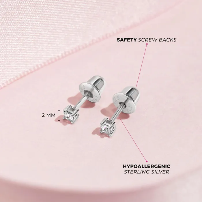 Earrings My First Princess Solitaire 2mm5mm Baby Toddler Earrings Screw Back Sterling Silver Kids Screw Back Earrings