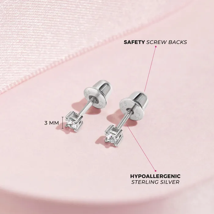 Earrings My First Princess Solitaire 2mm5mm Baby Toddler Earrings Screw Back Sterling Silver Kids Screw Back Earrings