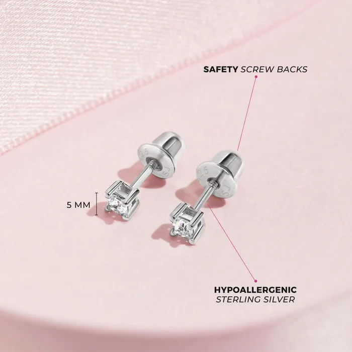 Earrings My First Princess Solitaire 2mm5mm Baby Toddler Earrings Screw Back Sterling Silver Kids Screw Back Earrings