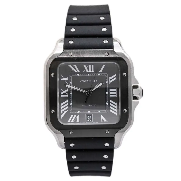 Happy Jewelers Cartier Mens Santos Stainless Steel 42mm Black Roman Dial Watch Reference WSSA0037 Bracelets Happy Jewelers Cartier Mens Santos Stainless Steel 42mm Black Roman Dial Watch Reference WSSA0037 Bracelets