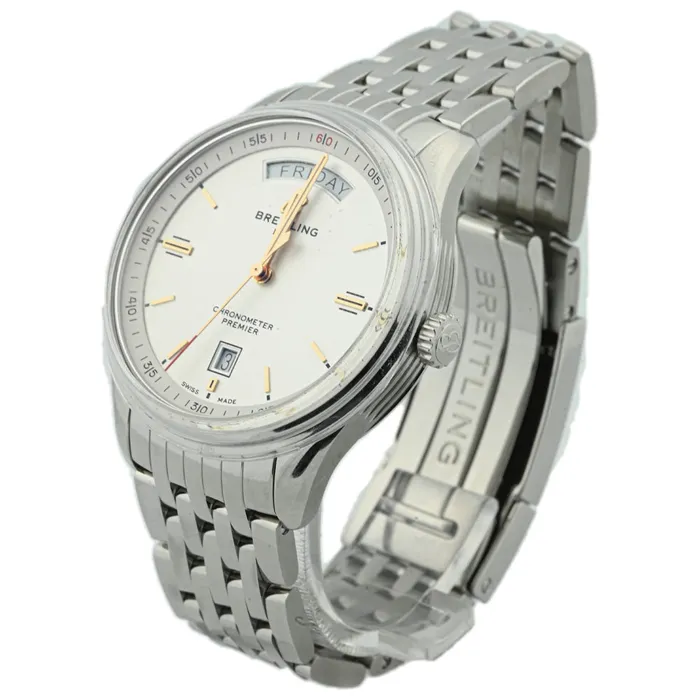 Happy Jewelers Necklaces Breitling Mens PREMIER AUTOMATIC DAY DATE 40 Stainless Steel 40mm Silver Stick Dial Watch Reference A45340211G1A1