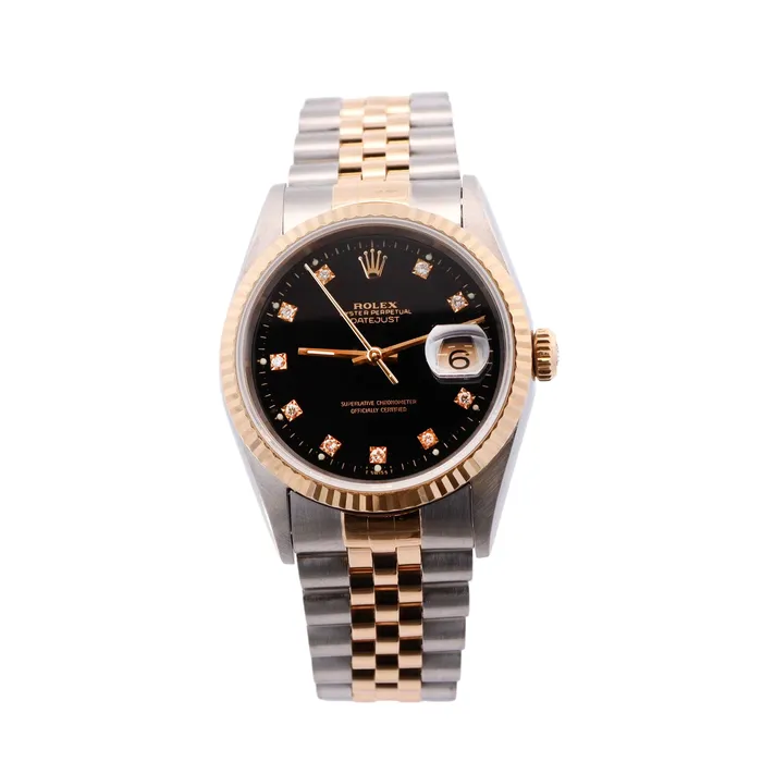 Happy Jewelers Rings Rolex Datejust TwoTone Stainless Steel Yellow Gold 36mm Black Diamond Dial Watch Reference 16233 Happy Jewelers Rings Rolex Datejust TwoTone Stainless Steel Yellow Gold 36mm Black Diamond Dial Watch Reference 16233
