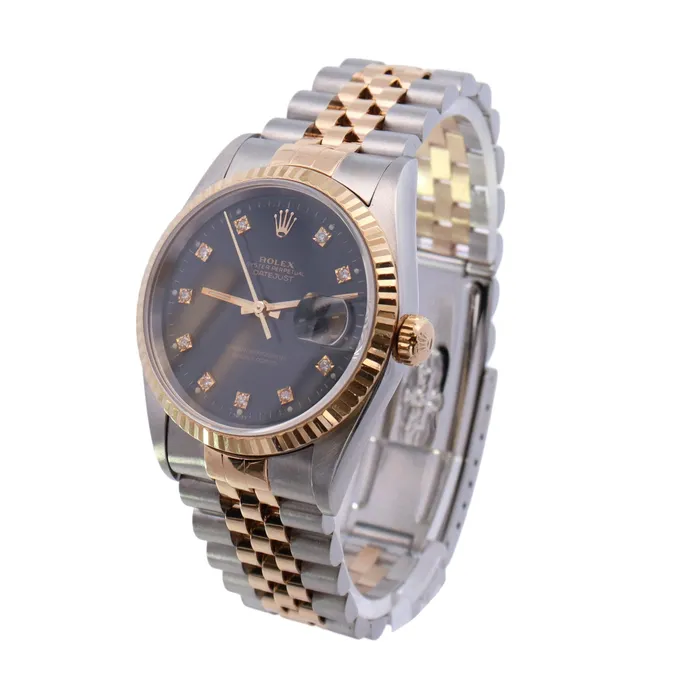 Happy Jewelers Rings Rolex Datejust TwoTone Stainless Steel Yellow Gold 36mm Black Diamond Dial Watch Reference 16233