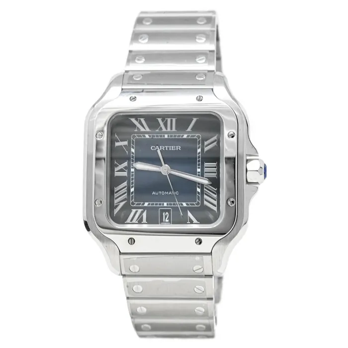Happy Jewelers Watches Cartier Santos Stainless Steel 398mm Blue Roman Dial Watch Reference WSSA0030 Happy Jewelers Watches Cartier Santos Stainless Steel 398mm Blue Roman Dial Watch Reference WSSA0030
