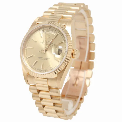 Happy Jewelers Watches Rolex DayDate Yellow Gold 36mm Champagne Stick Dial Watch Reference 18238