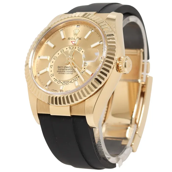 Happy Jewelers Watches Rolex Sky Dweller Yellow Gold 42mm Champagne Stick Dial Watch Reference 326238